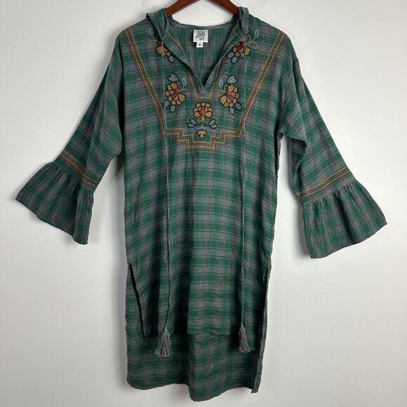 Ivy Jane Embroidered Tunic Top Boho Fairy Hippie Hooded Bell Sleeve Flannel - Picture 2 of 10